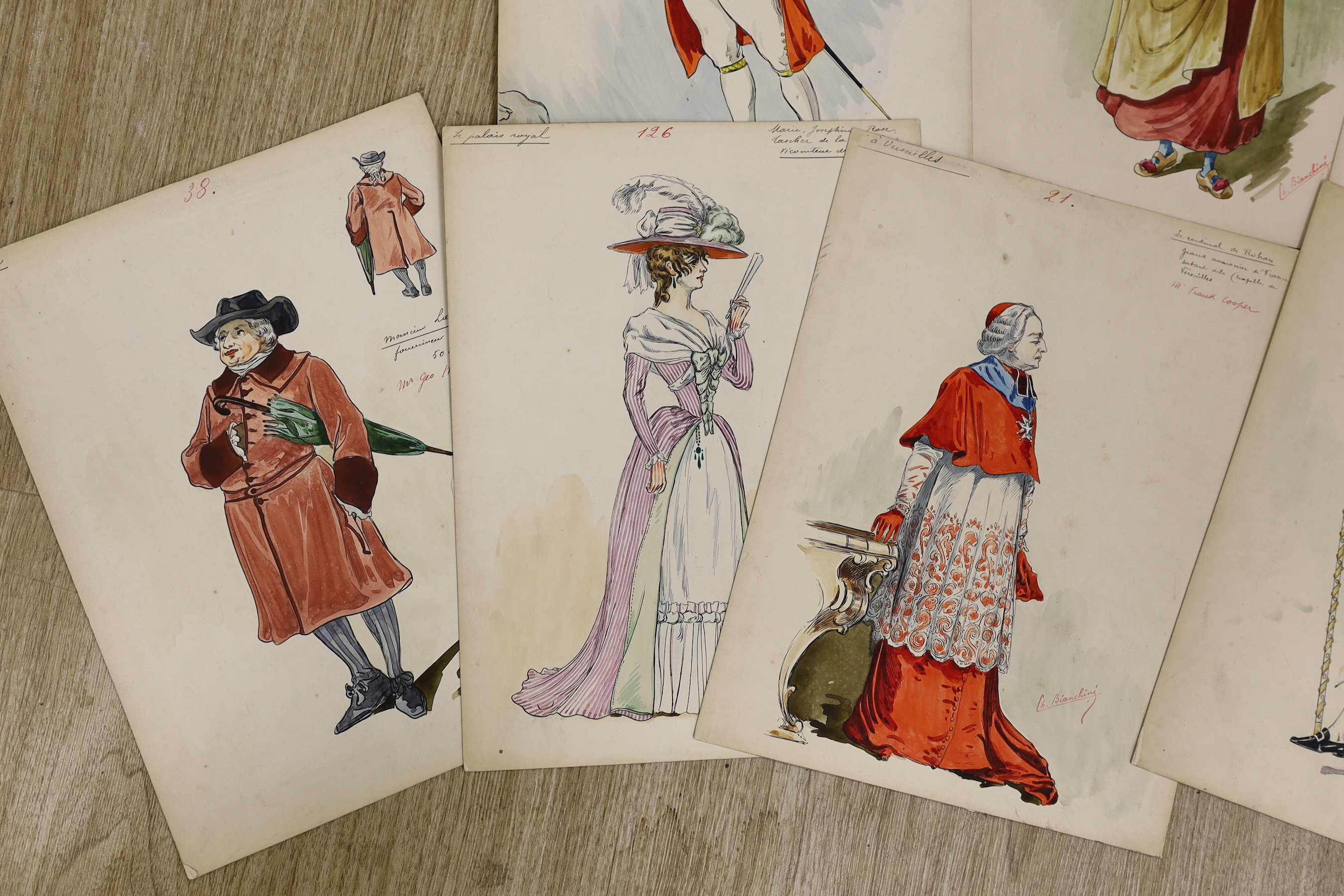 Charles Bianchini (1860-1905), eight ink and watercolour costume designs for The Royal Necklace, London 1901, signed and annotated, largest 31 x 24cm, unframed